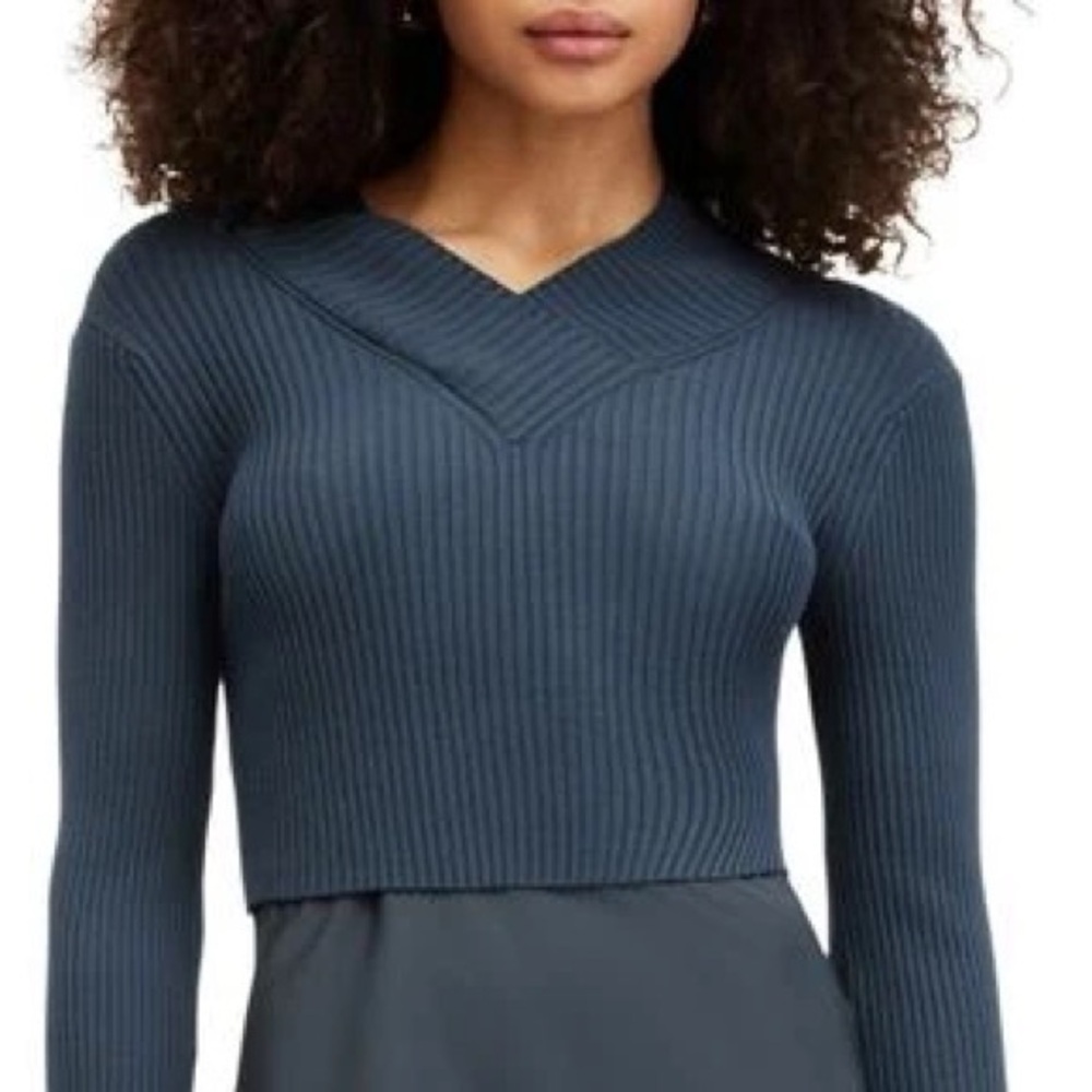 All Saints Navy Ribbed V-Neck Top midnight blue